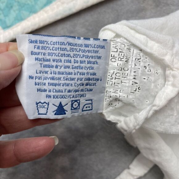 Sanibel Home Pillow Shams (2) Set Standard Turquoise Geometric Quilted Tie Back - Picture 4 of 9